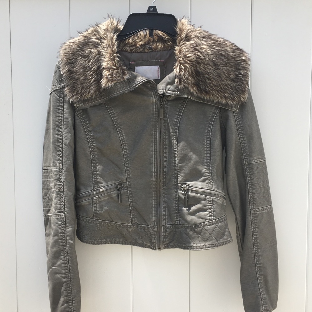 Gray Leather Jacket With Fur Collar